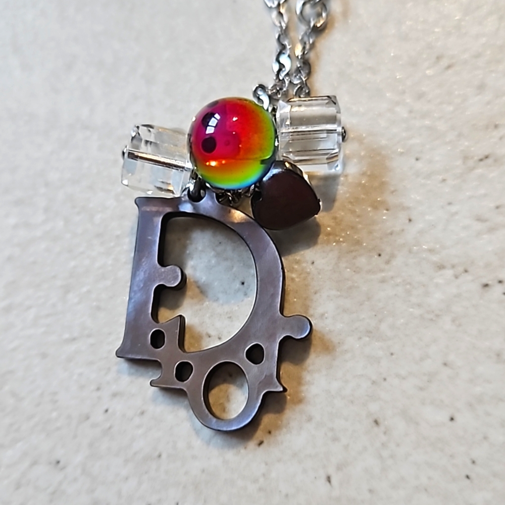 Dior Silver Mother of Pearl Trotter Logo Necklace Iridescent Charms